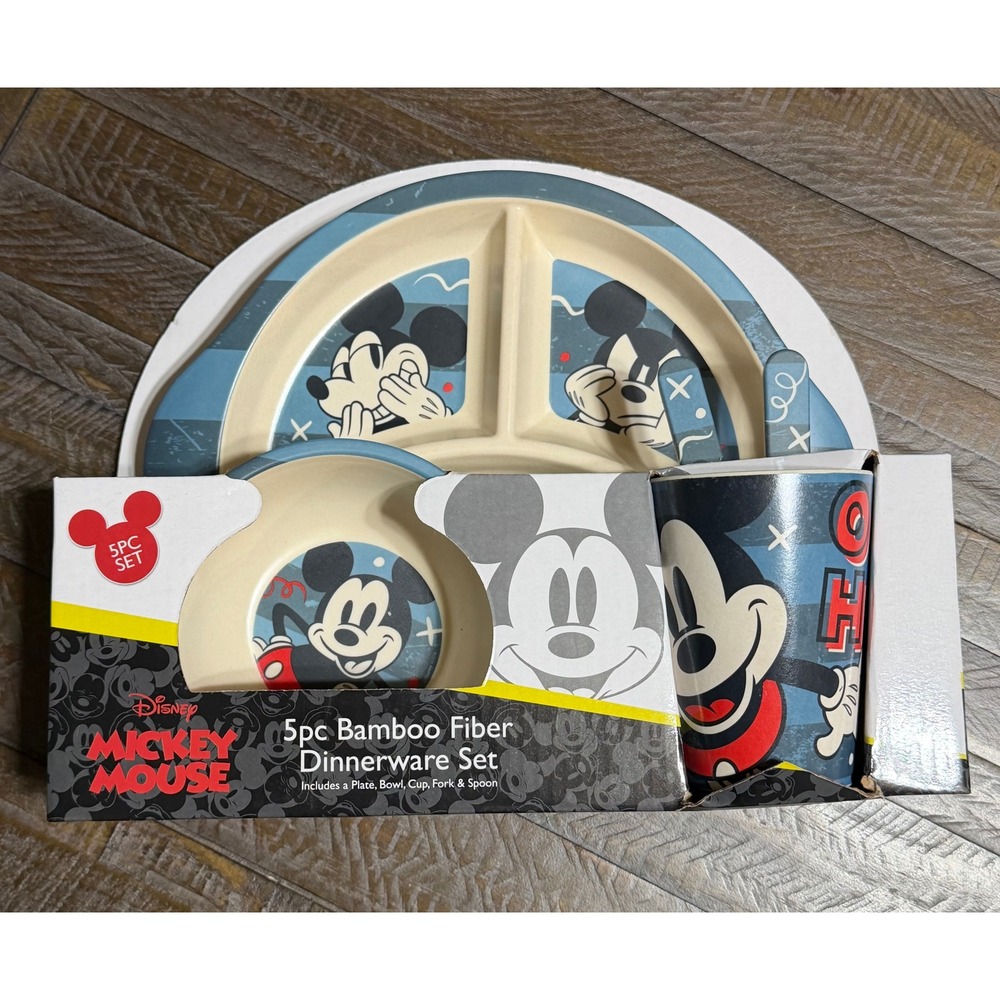 Disney Mickey Mouse Dinnerware Set Kids OS Blue NWT 5pc Bamboo Eco Friendly
